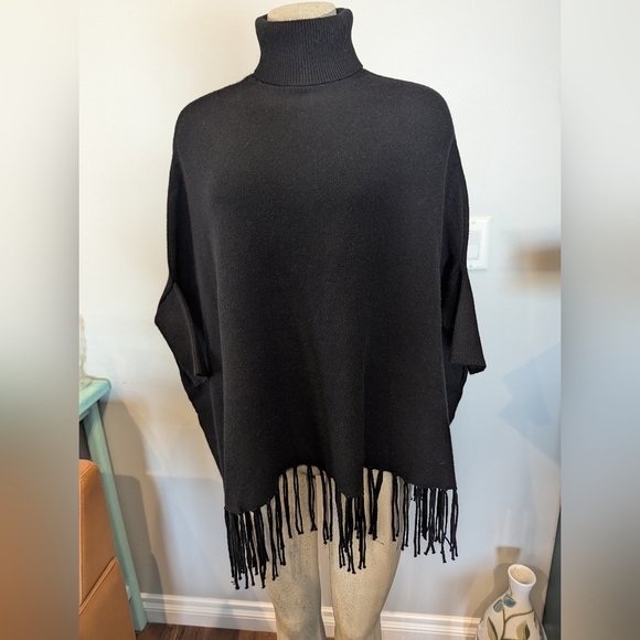 Elegant Black Fringe Poncho Turtle Neck sweater With Sleeves  One Size - Picture 8 of 11